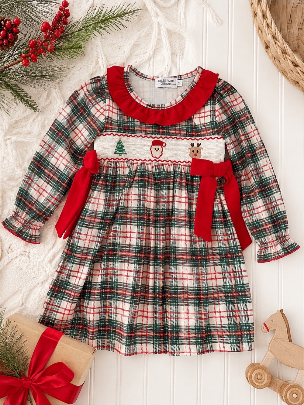 NWT Rylee Faith designs Smocked Holiday Plaid Dress with Red Bows